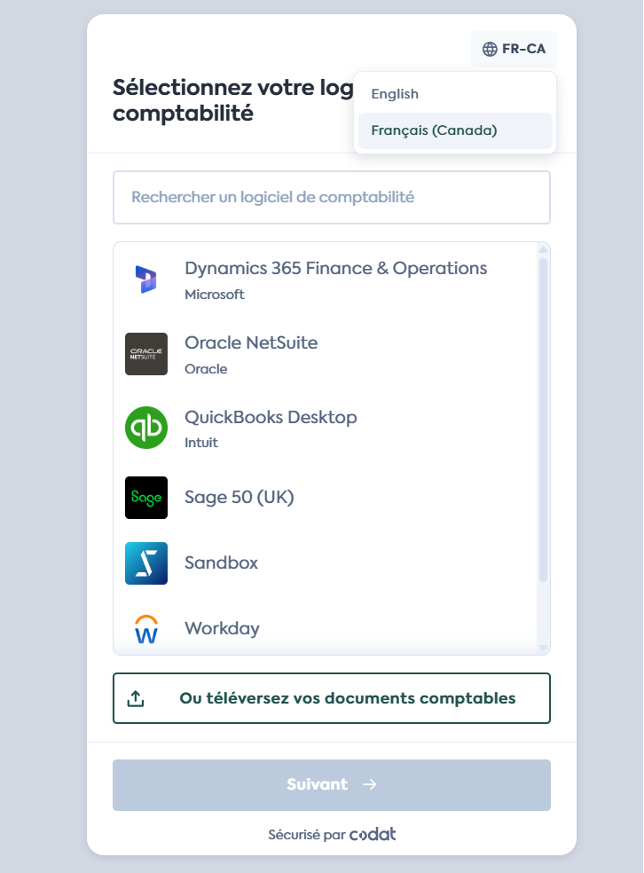 Link platform selection in fr-CA, with the locale toggle visible